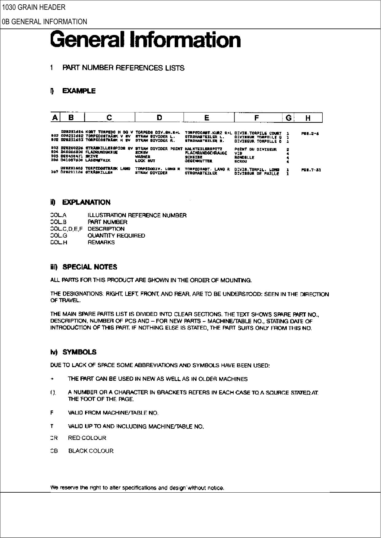 1030 GRAIN HEADER PARTS